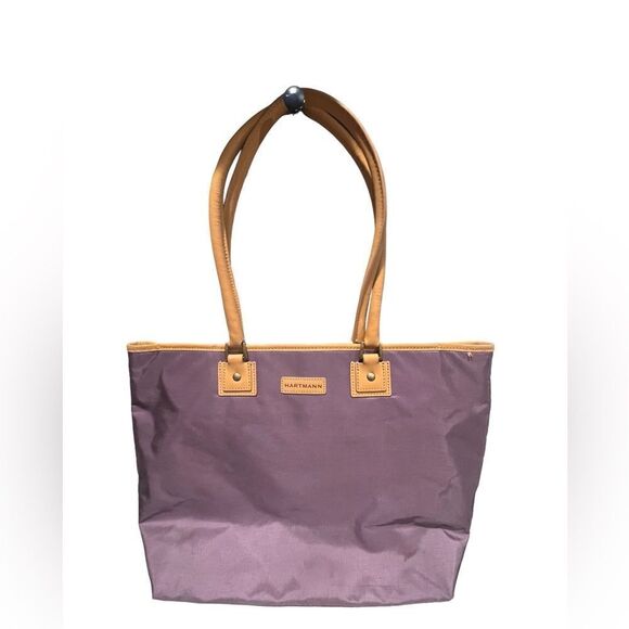 Purple and tan full top zip lined Hartmann tote with interior pockets - Picture 2 of 8
